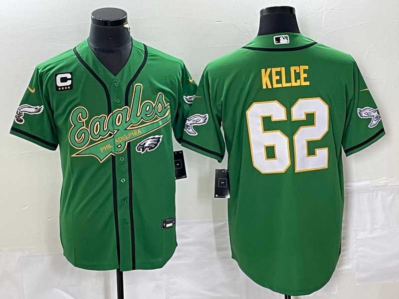 Mens Philadelphia Eagles #62 Jason Kelce Green Gold C Patch Cool Base Stitched Baseball Jersey